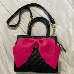 Betesy Johnson black Quilted Black leather purse with a cute Pink Bow.